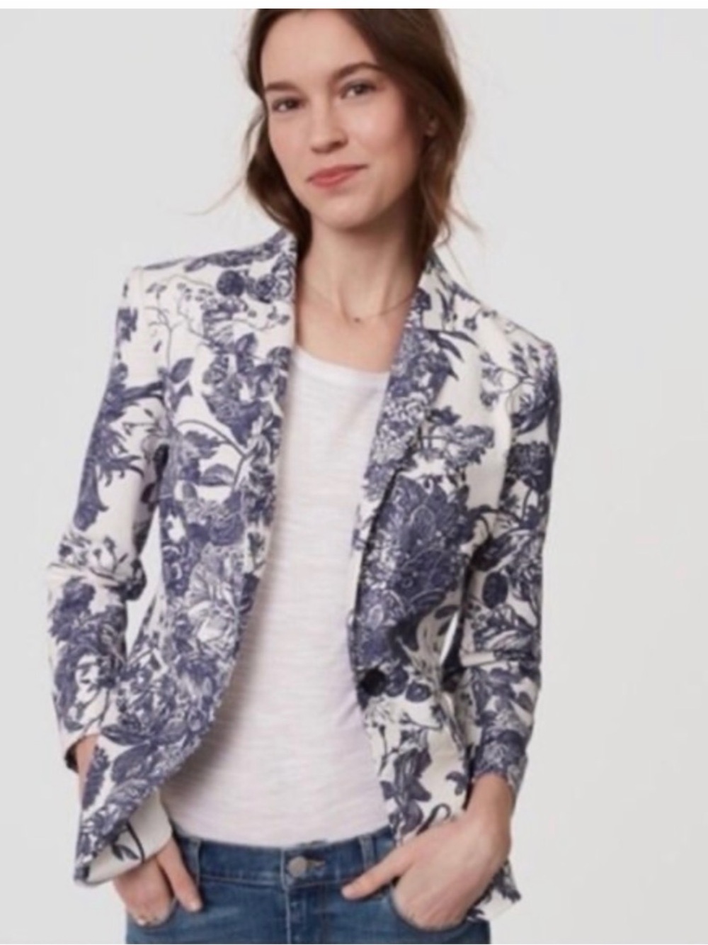 LOFT White and Navy Floral Tailored Blazer